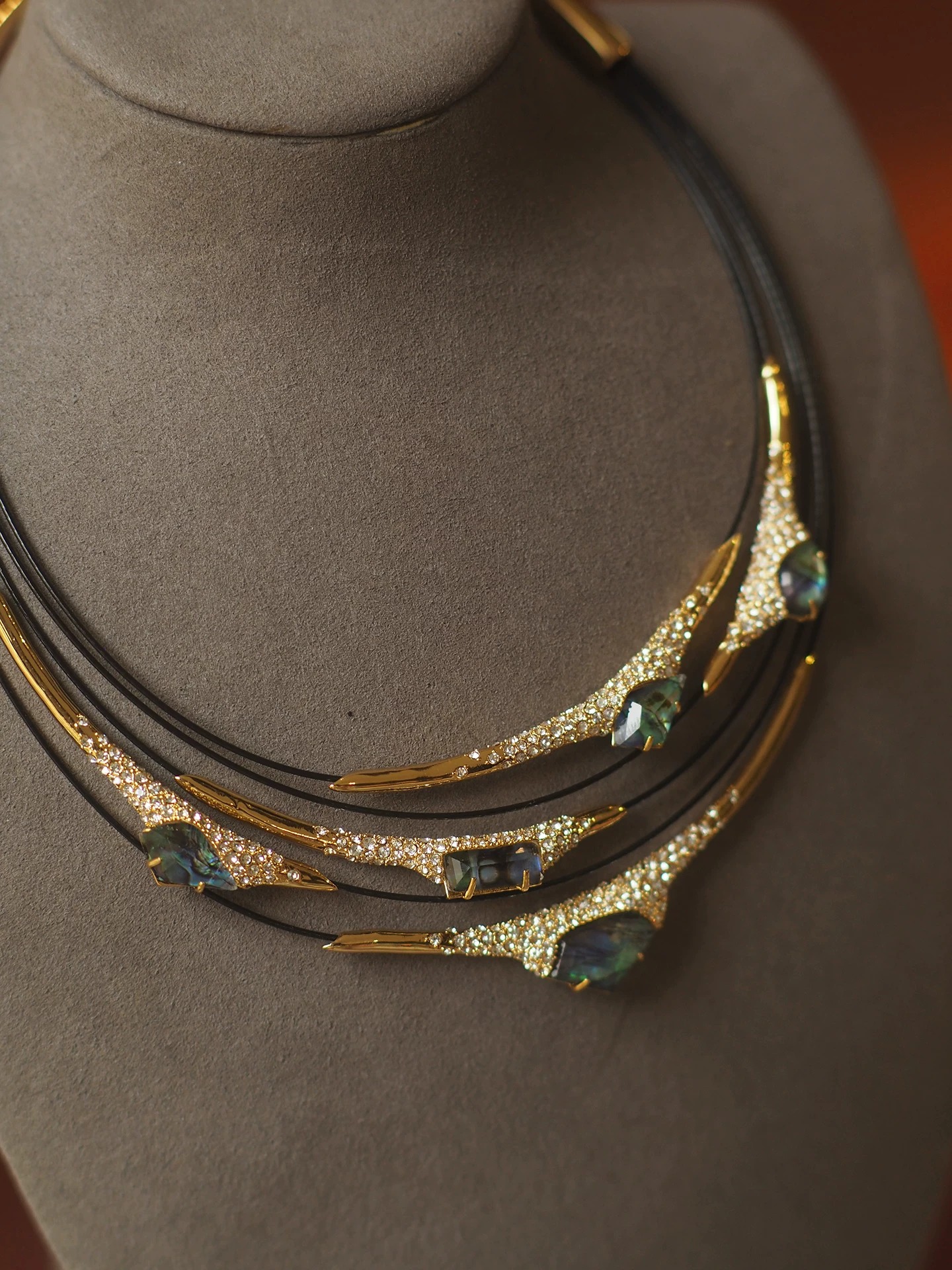 Vintage Natural Abalone Mother of Pearl Multi-Layer Choker | Designer Antique Gold Statement Collar Necklace