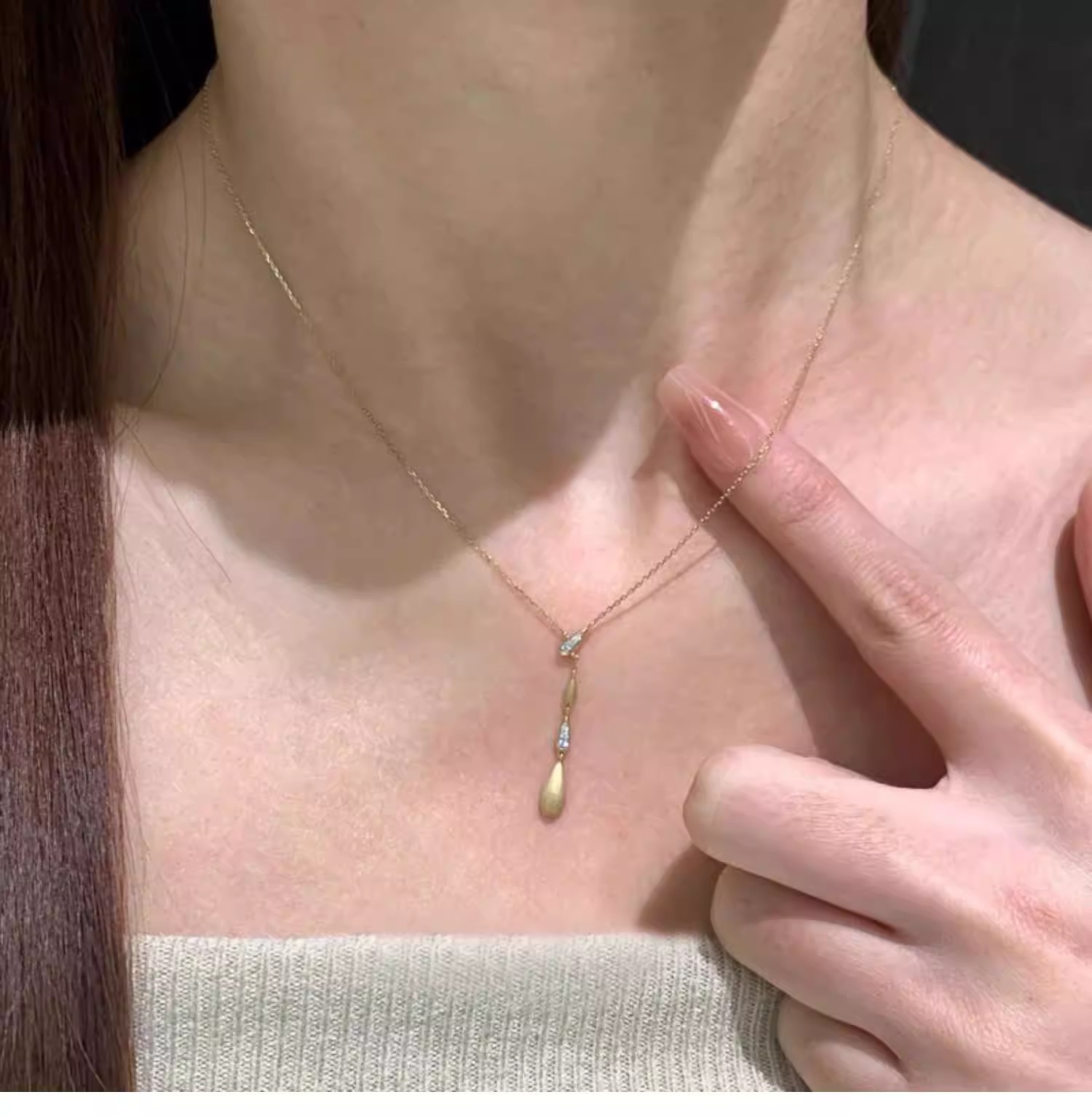 S925 Sterling Silver Teardrop Y-Necklace | French Brushed Tassel Minimalist Collarbone Necklace