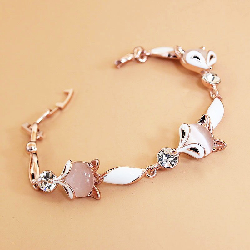 Rose Gold Cute Fox Charm Bracelet with Luminous Cat's Eye Stone