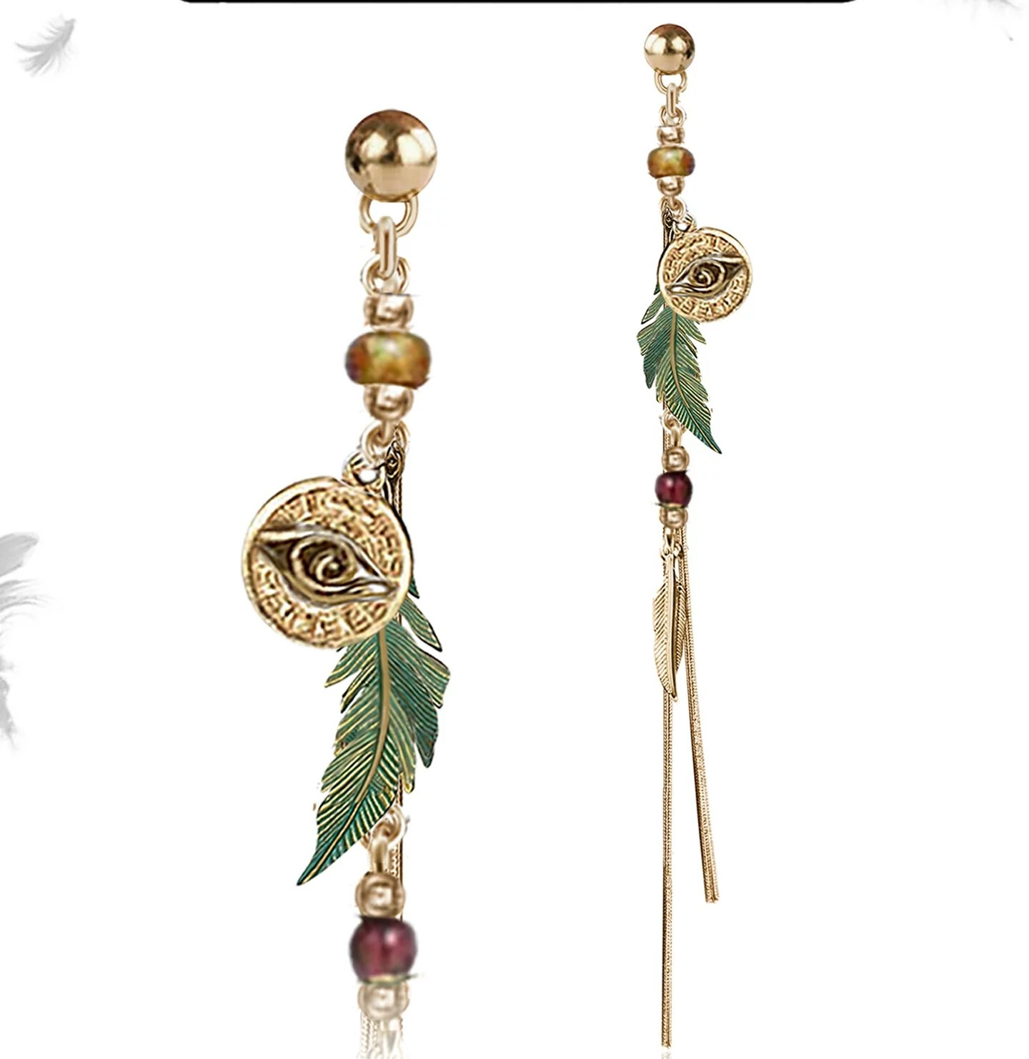 Asymmetric Bohemian Green Feather Evil Eye Tassel Drop Earrings | Vintage Gold Artistic Ethnic Long Earrings