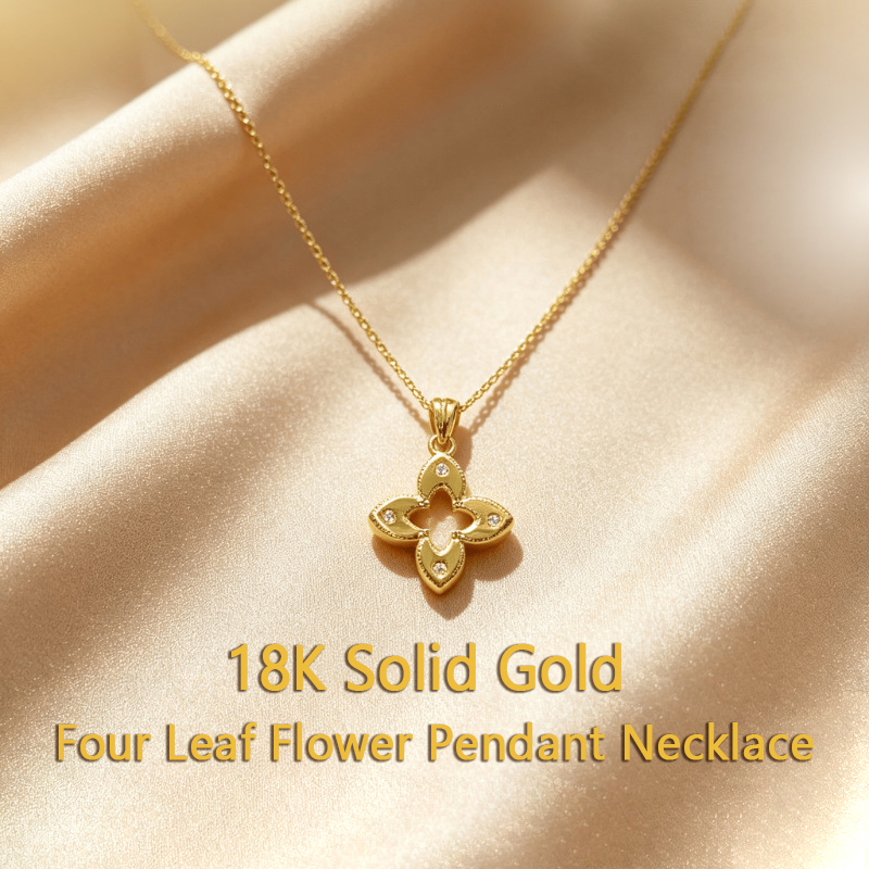 18K Solid Gold Four Leaf Flower Pendant Necklace, Sparkling Moissanite Clover Necklace, Elegant Lucky Amulet Jewelry for