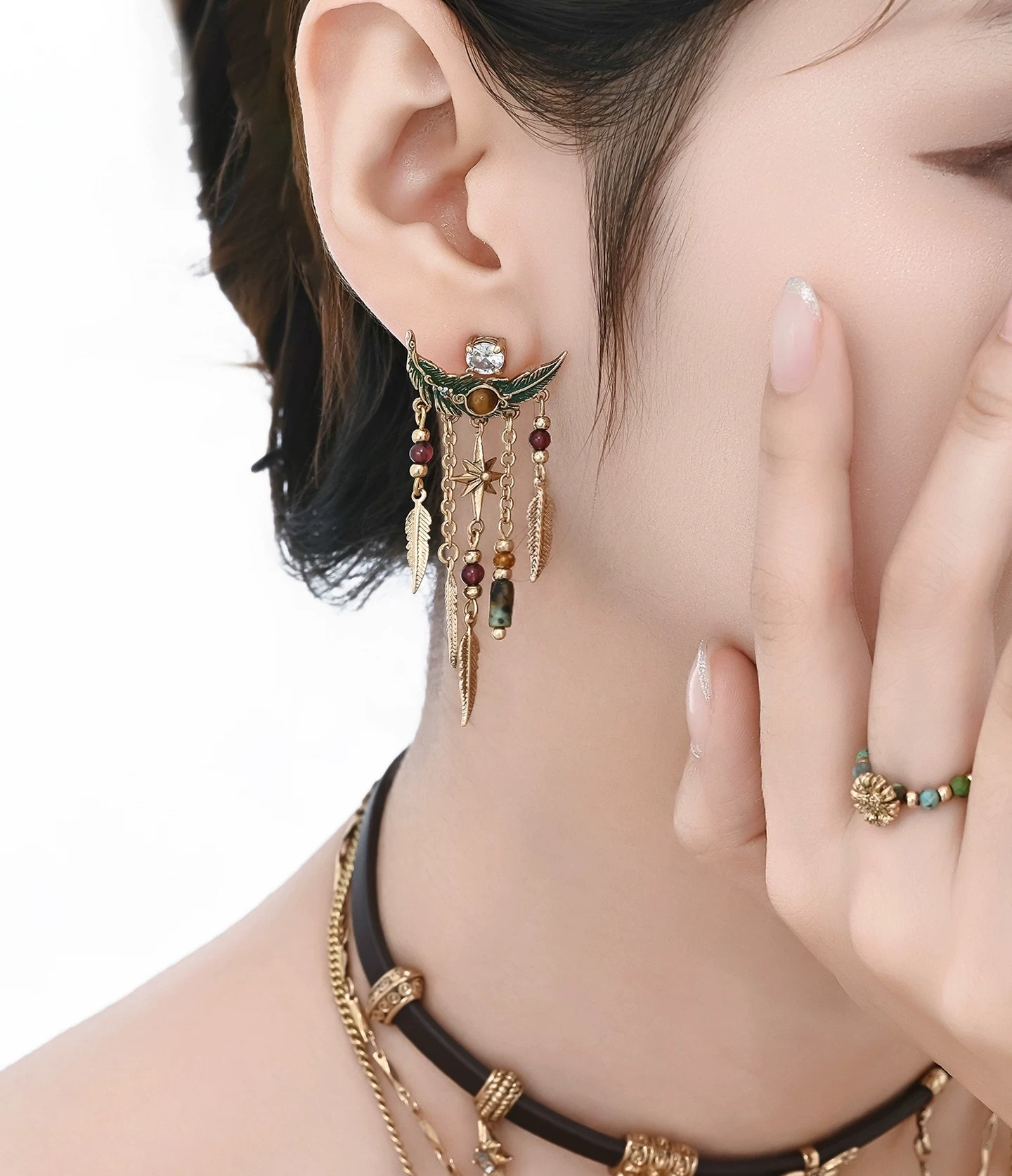 Ethnic Bohemian Green Feather Long Tassel Stud Earrings | Vintage Gold Statement Boho Dangle Earrings
