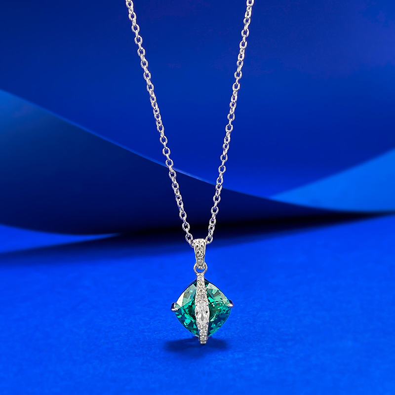 S925 Silver Paraiba Green Square Pendant Necklace, Cool Tone Crystal Spiritual Jewelry