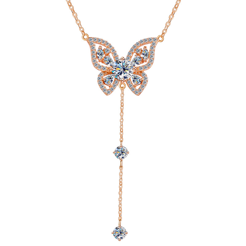 S925 Silver Butterfly Y-Drop Moissanite Necklace, Adjustable Tassel Clavicle Chain Jewelry