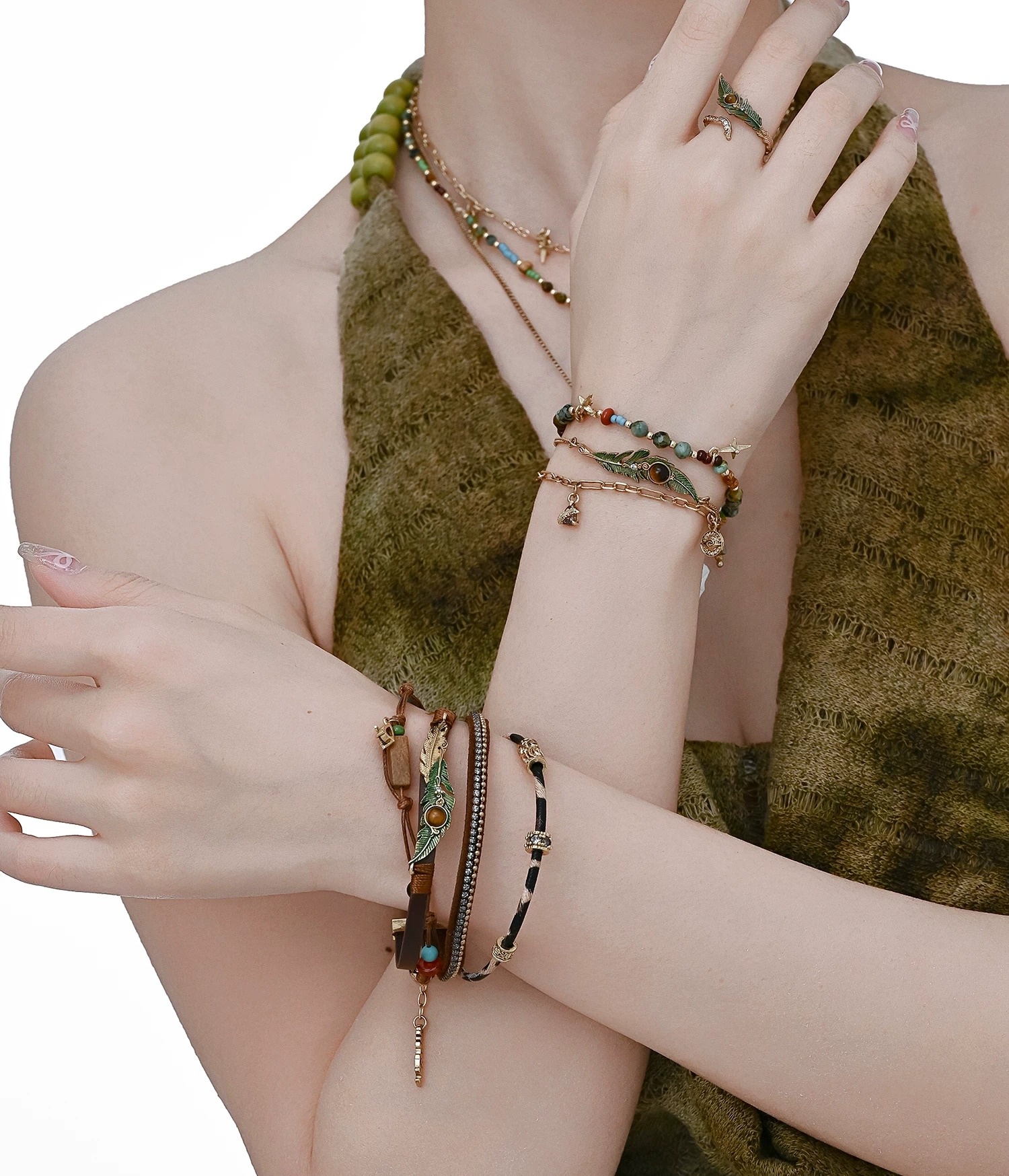 Vintage Enamel Feather Tiger's Eye Beaded Bracelet | Original Exotic Bohemian Layered Bracelet