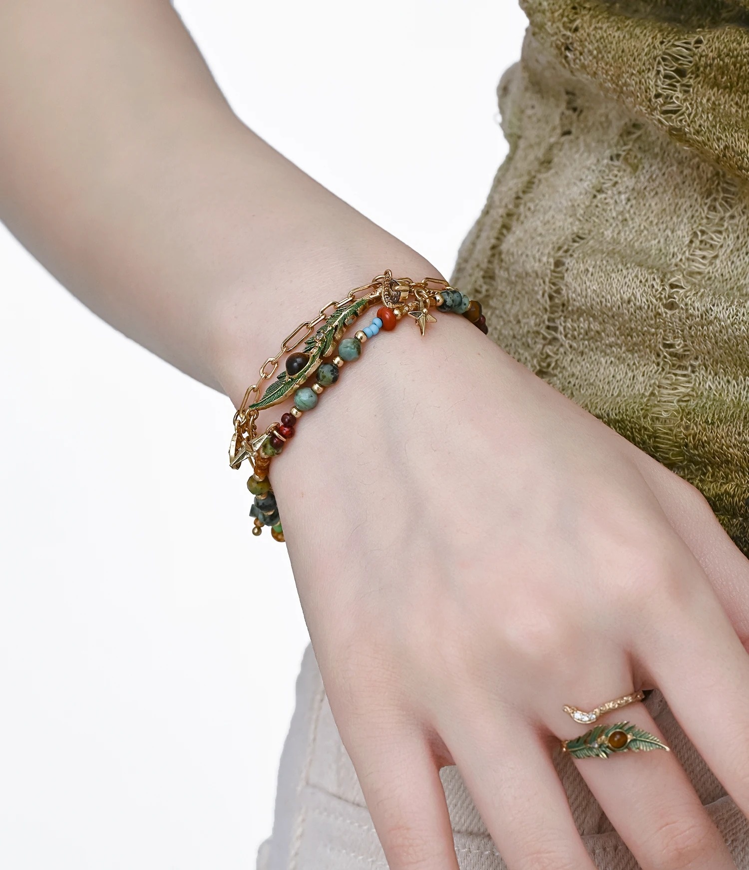 Vintage Enamel Feather Tiger's Eye Beaded Bracelet | Original Exotic Bohemian Layered Bracelet