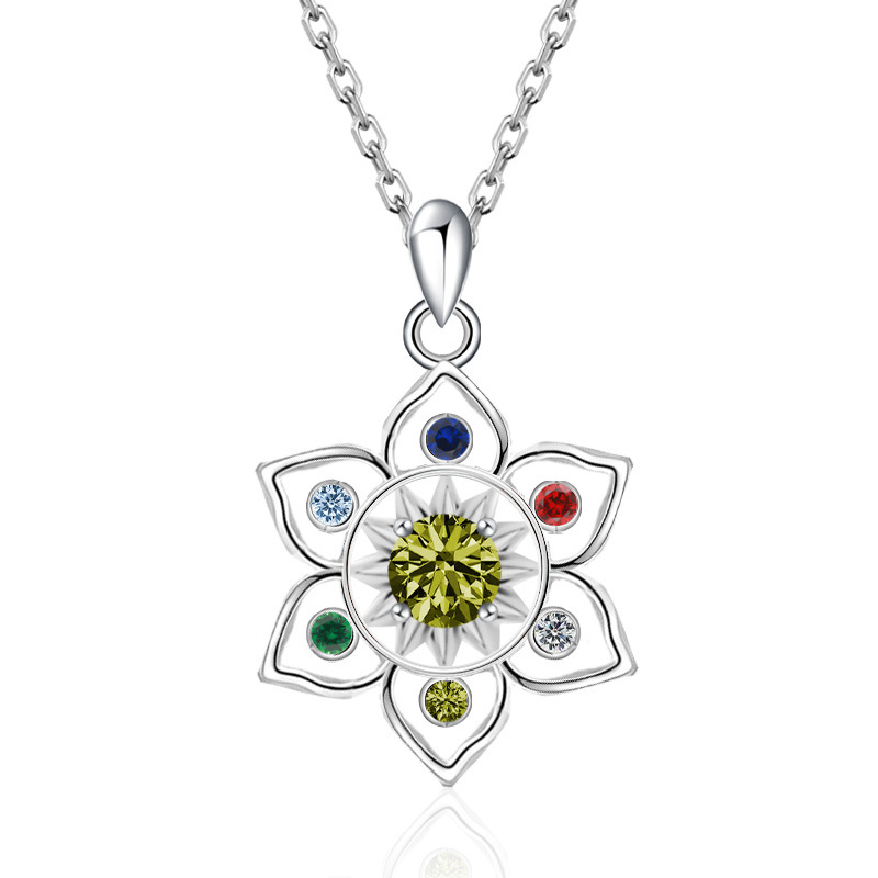 S925 Sterling Silver Chakra Lotus Birthstone Necklace