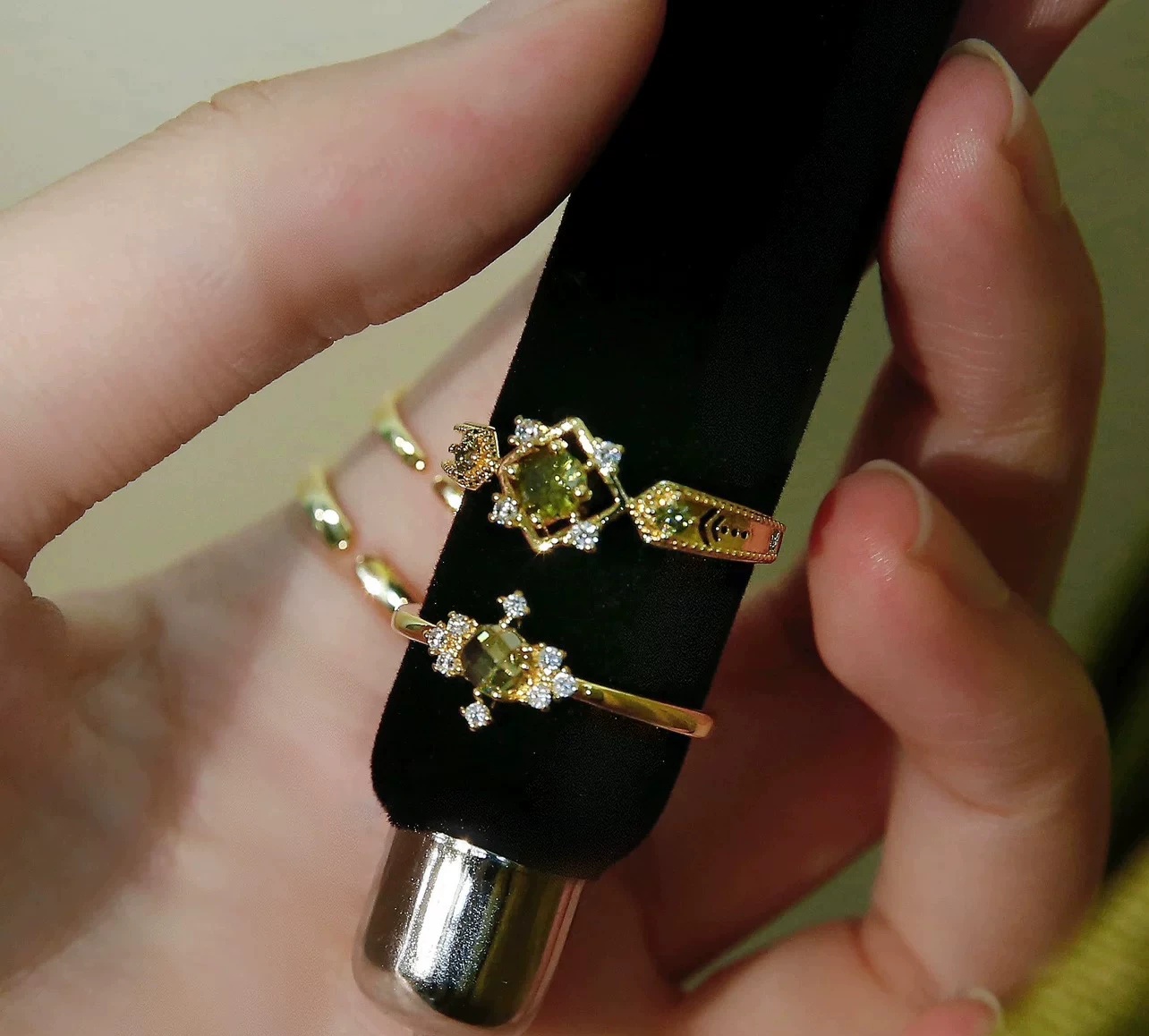 Vintage French Olive Green Zircon Open Stackable Adjustable Ring For Women