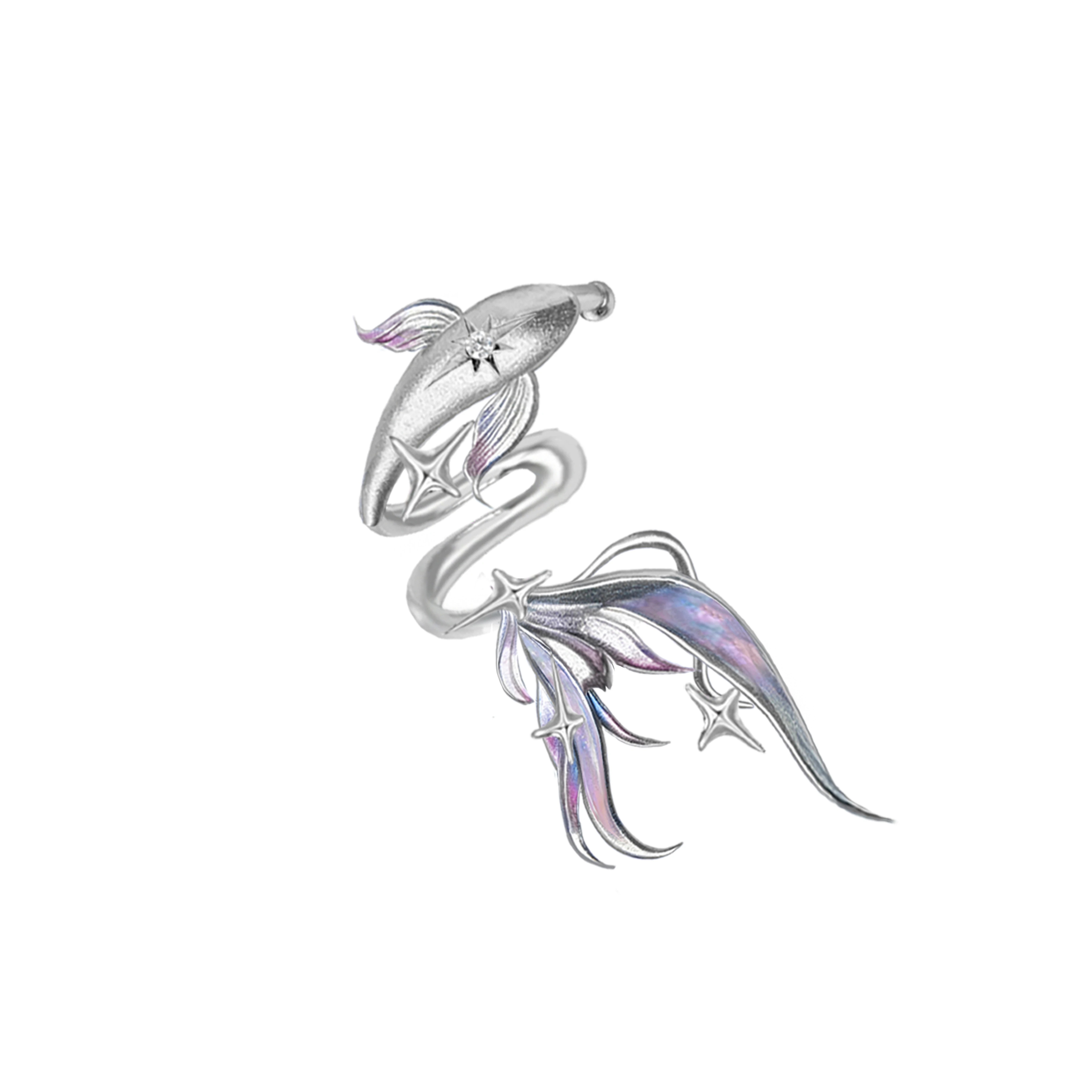 Deep Sea Legend Gradient Enamel Fish Tail Ear Cuff | No-Piercing Fairy Ocean Silver Cartilage Earring