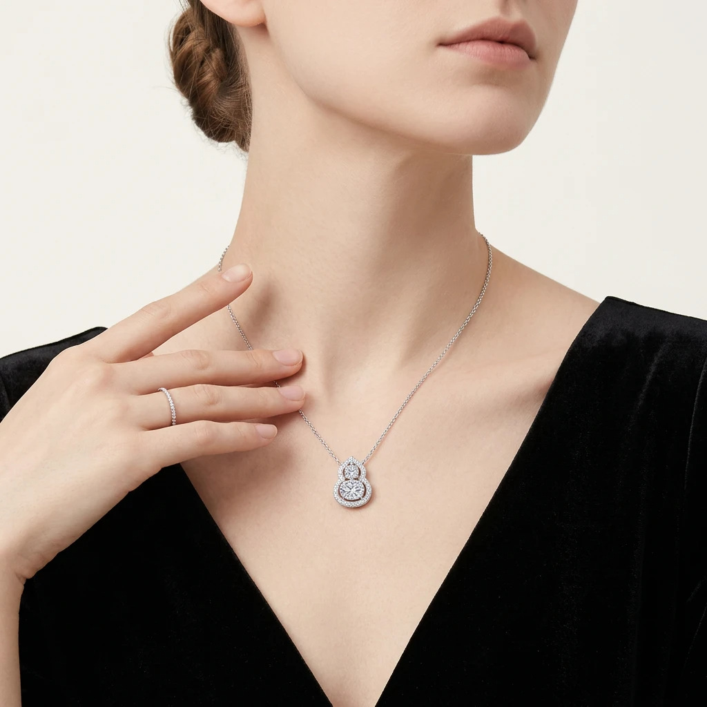 S925 Sterling Silver  Moissanite Gourd Necklace, Oval Cut Double Stone Hulu Pendant