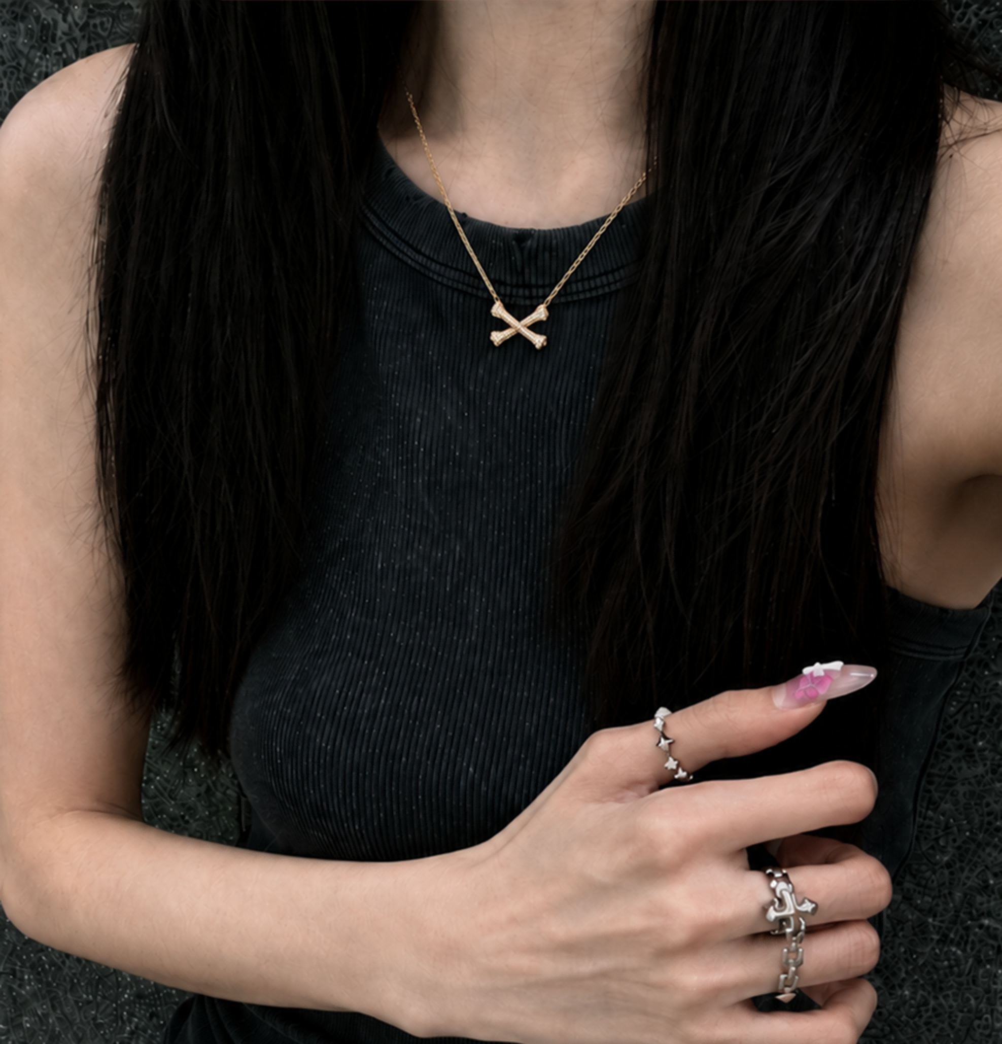18K Gold  3D Pave Crossbone Pendant Necklace | Unisex Minimalist Streetwear Bone Necklace