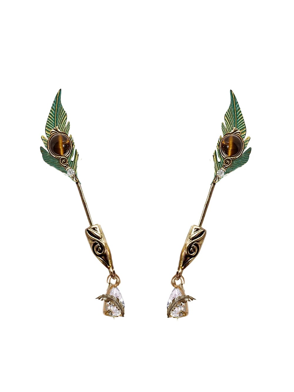 Premium Green Peacock Feather Tiger's Eye Long Drop Earrings | Original Vintage Gold Linear Statement Earrings