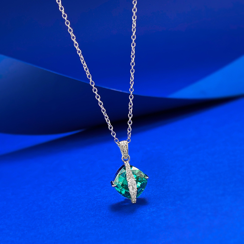 S925 Silver Paraiba Green Square Pendant Necklace, Cool Tone Crystal Spiritual Jewelry