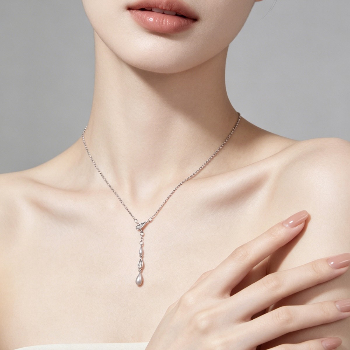 S925 Sterling Silver Teardrop Y-Necklace | French Brushed Tassel Minimalist Collarbone Necklace