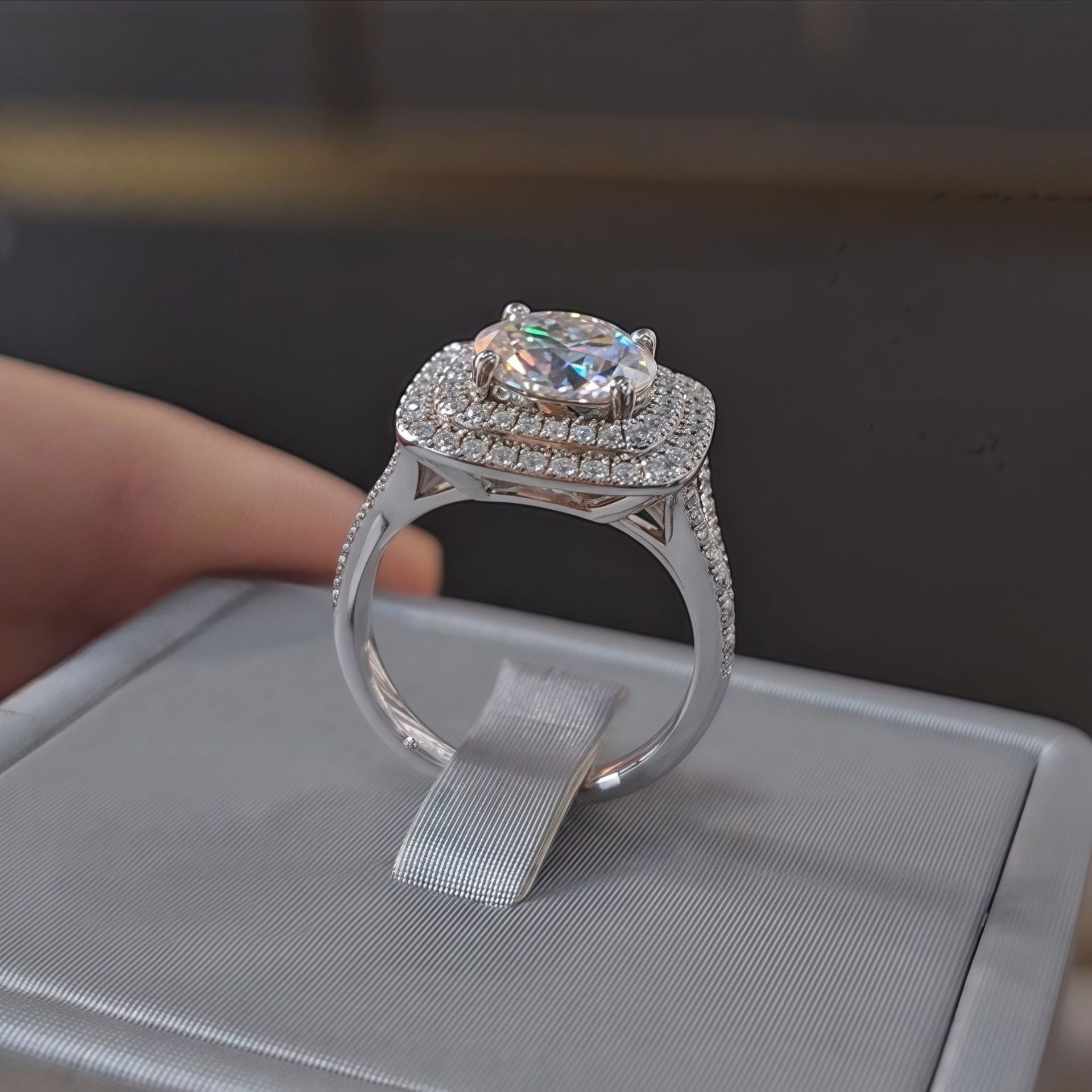 Moissanite Halo Engagement Ring, S925 Sterling Silver Square Double Halo Wedding Ring