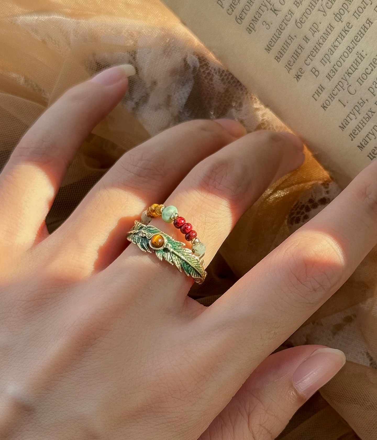 Exotic Ethnic Green Feather Tassel Adjustable Ring | Vintage Gold Bohemian Statement Ring