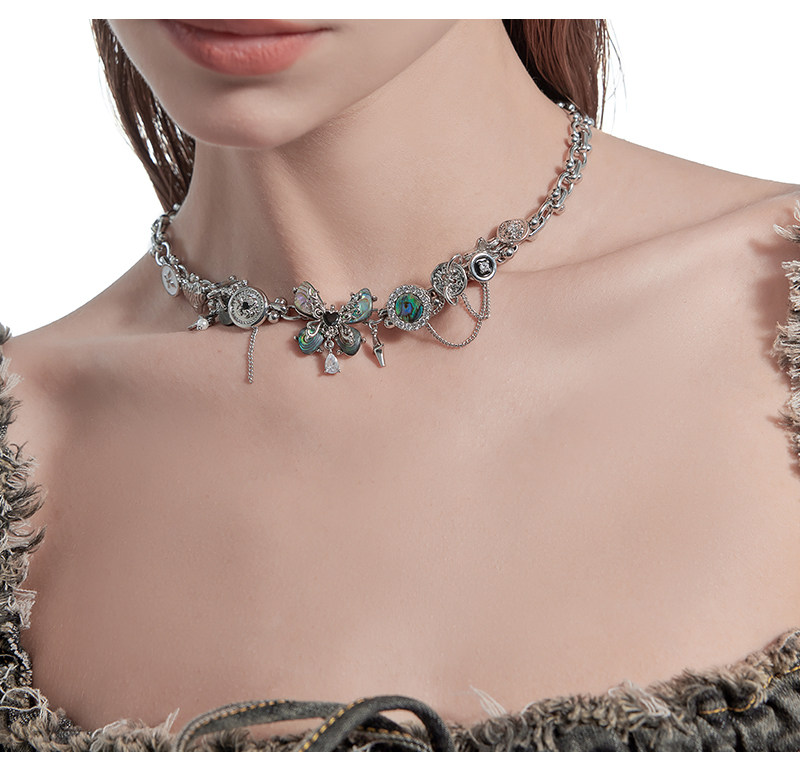 Abalone Shell Butterfly Multi-Charm Choker Necklace | Vintage Silver Light Luxury Designer Collar Necklace