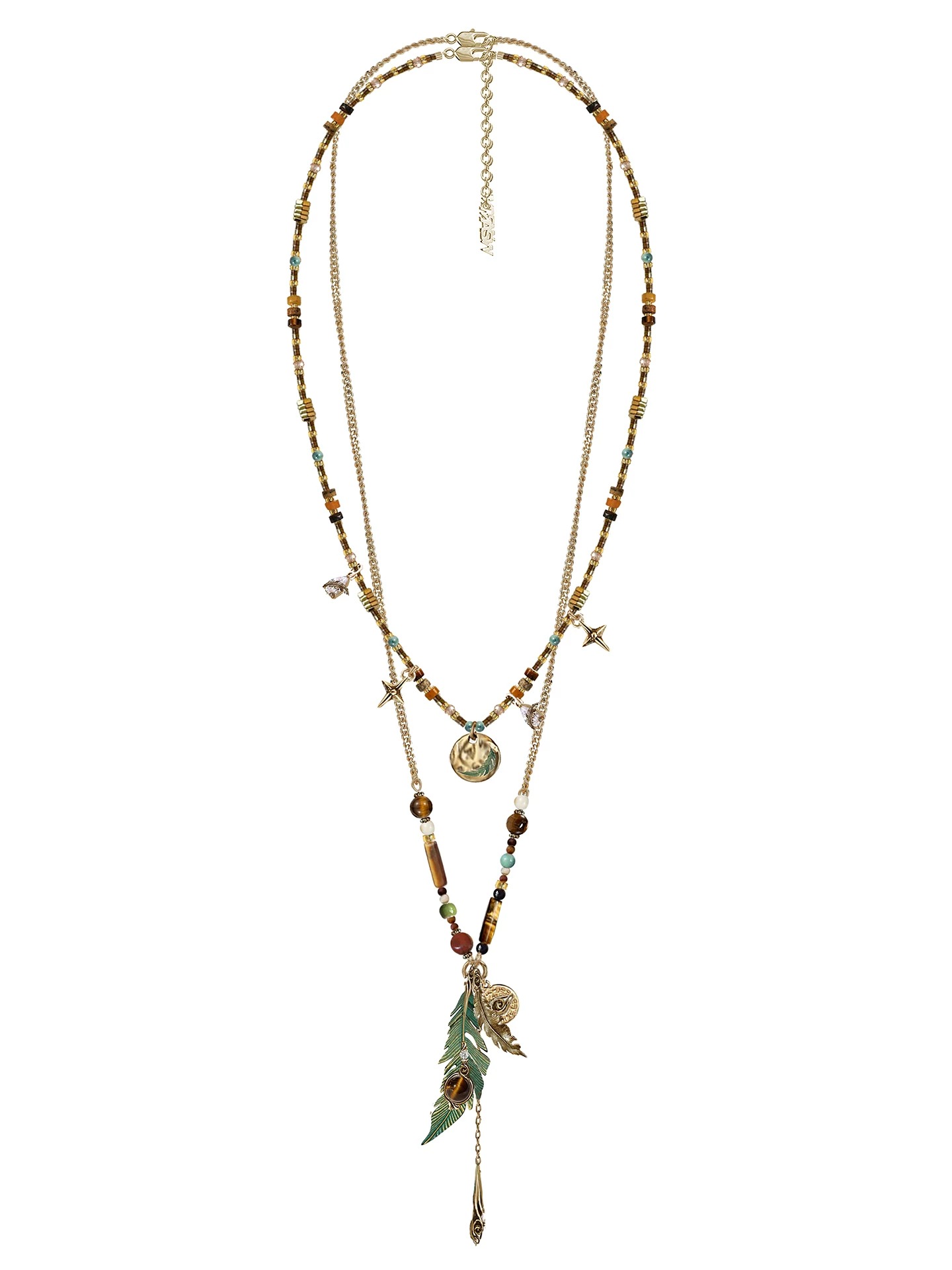 Bohemian Multi-Layer Beaded Collarbone Necklace | Vintage Gold Ethnic Green Feather Pendant Necklace