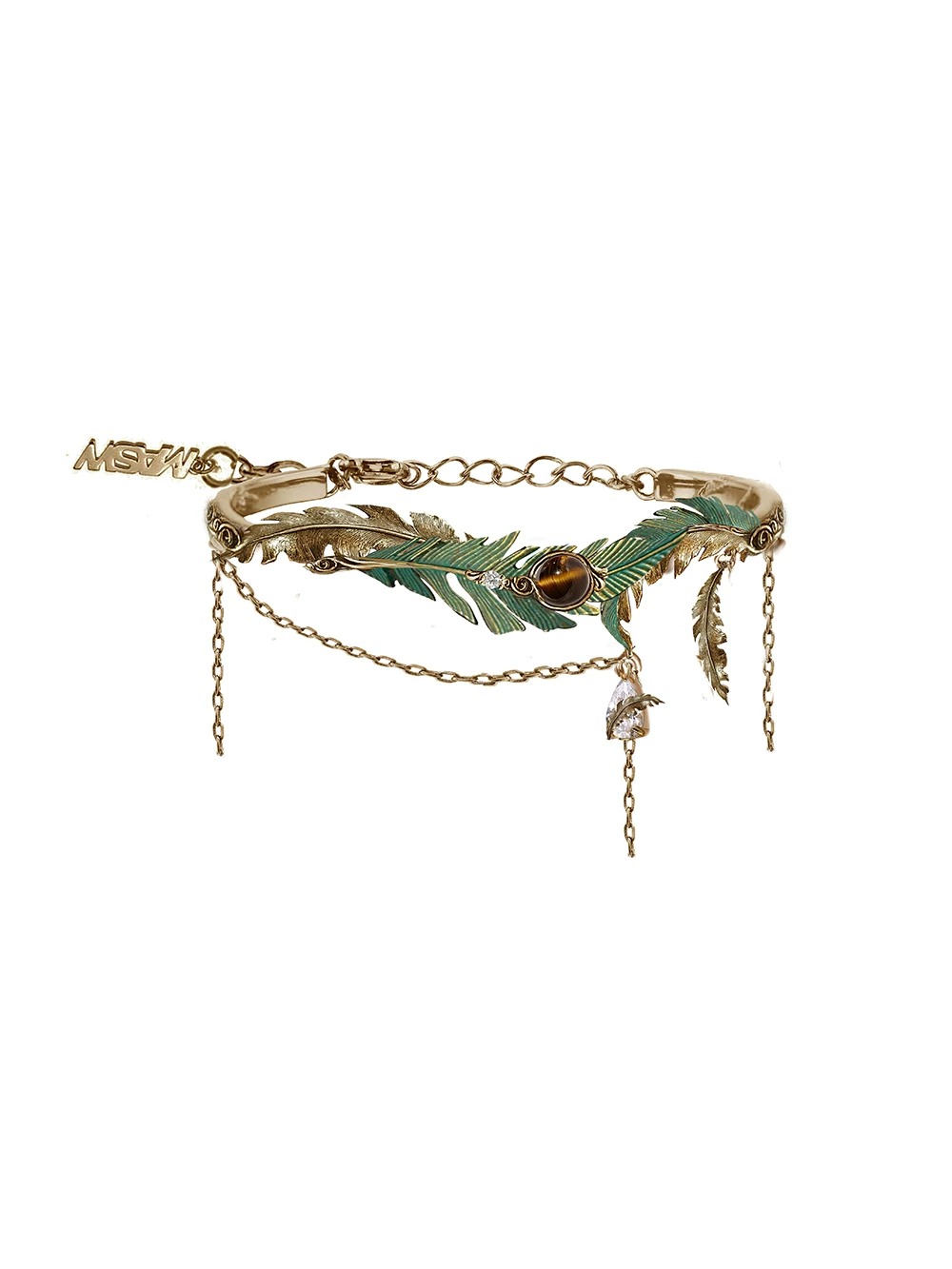 Vintage Gold Enamel Feather Tiger's Eye Bangle | Original Chain Tassel Retro Statement Bracelet