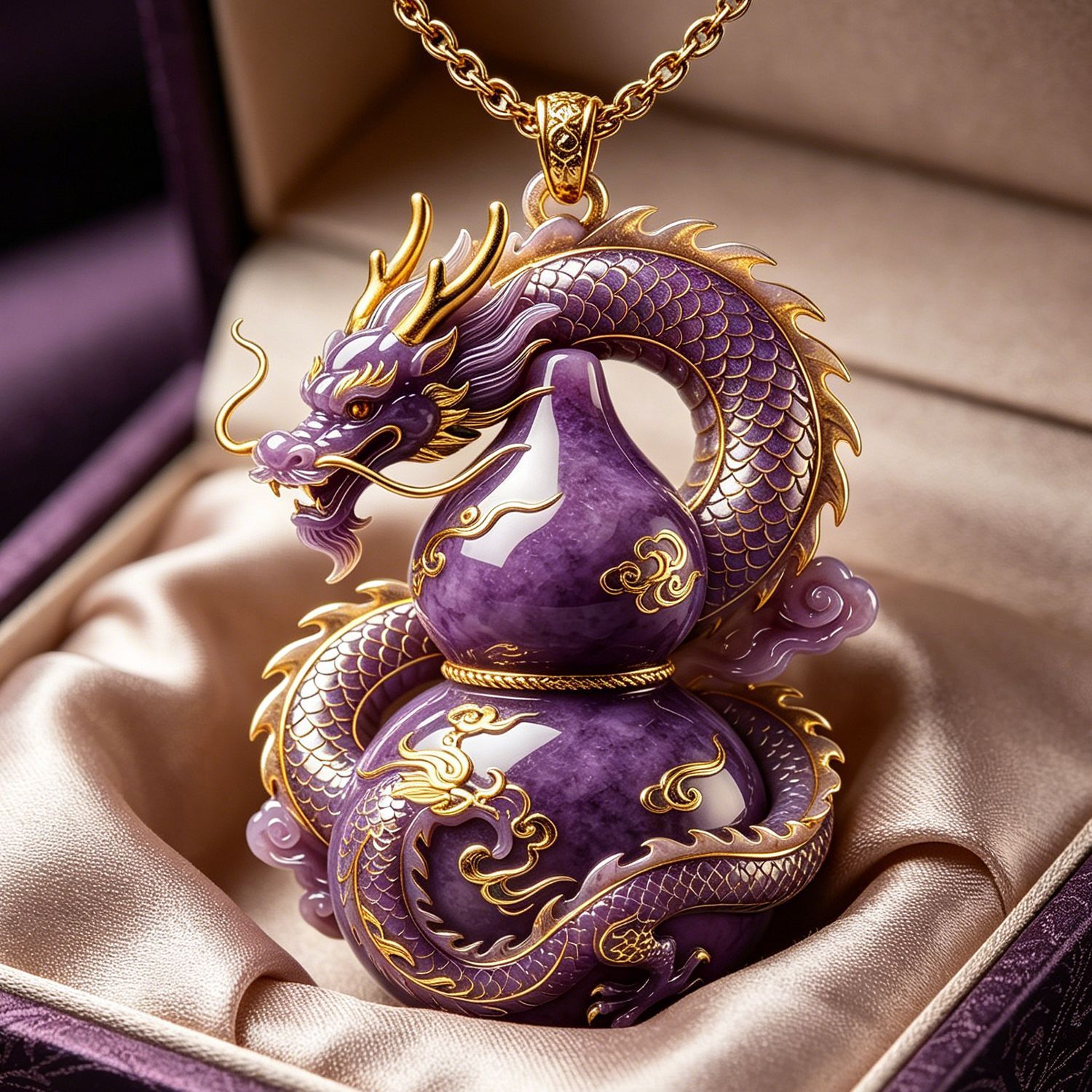 Purple Dragon Gourd Pendant Necklace, Spirit Dragon Calabash Amulet, Vintage Chinese Lucky Charm, Gold Trim Spiritua