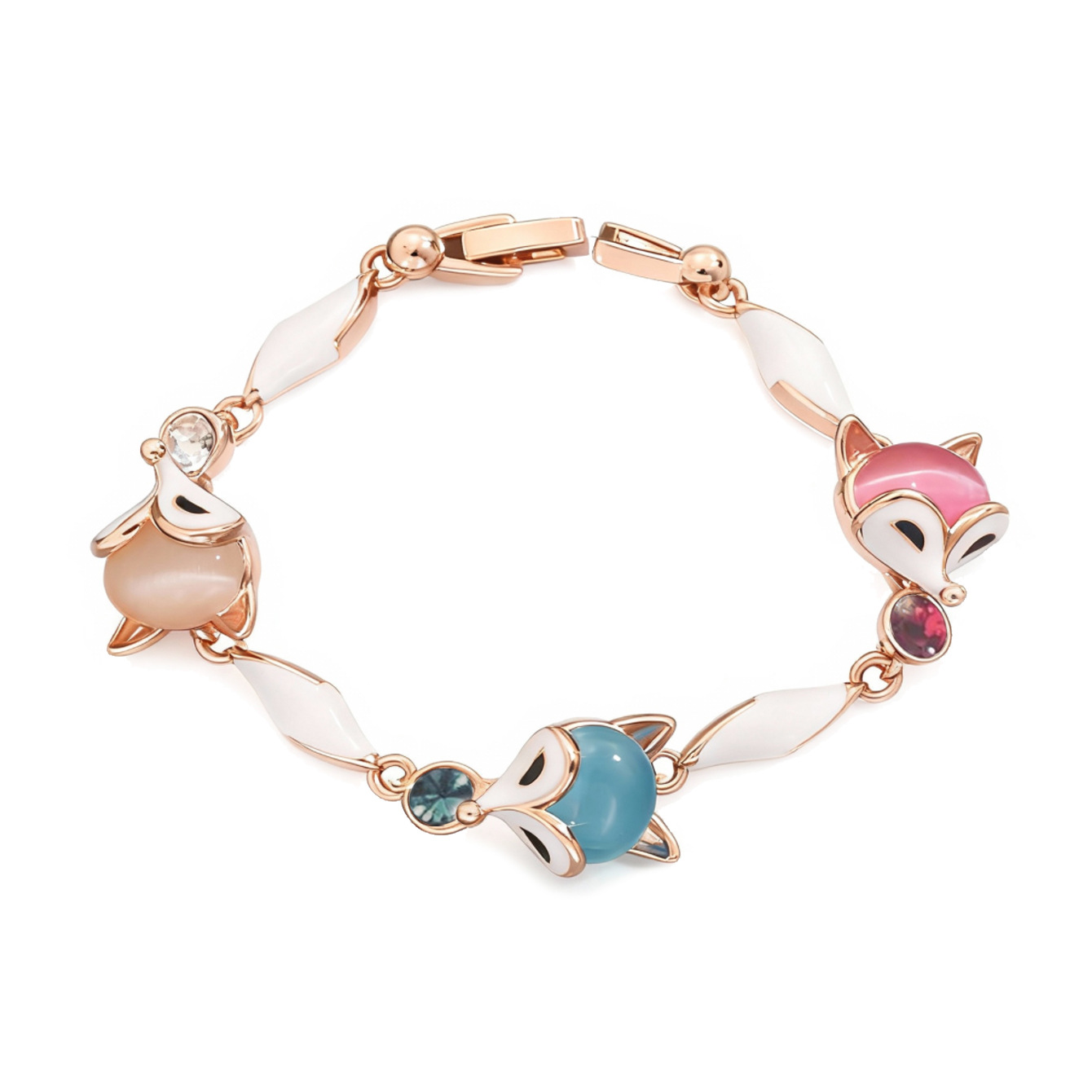 Rose Gold Cute Fox Charm Bracelet with Luminous Cat's Eye Stone