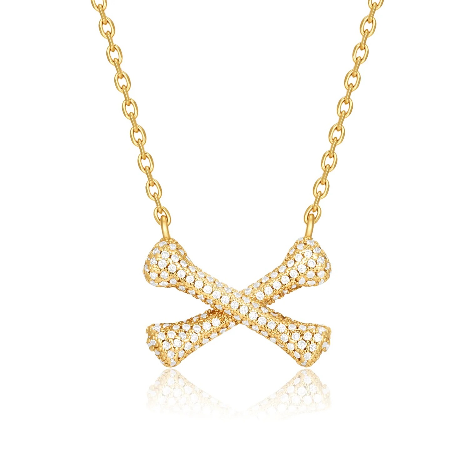 18K Gold Plated 3D Pave Crossbone Pendant Necklace | Unisex Minimalist Streetwear Bone Necklace
