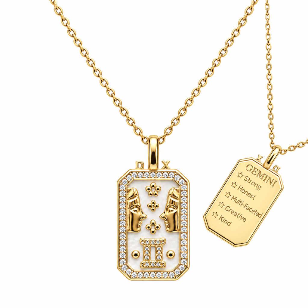 12 Zodiac Sign Rectangular Tag Necklace, Gold Plated Shell Inlay Zircon Pendant Necklace