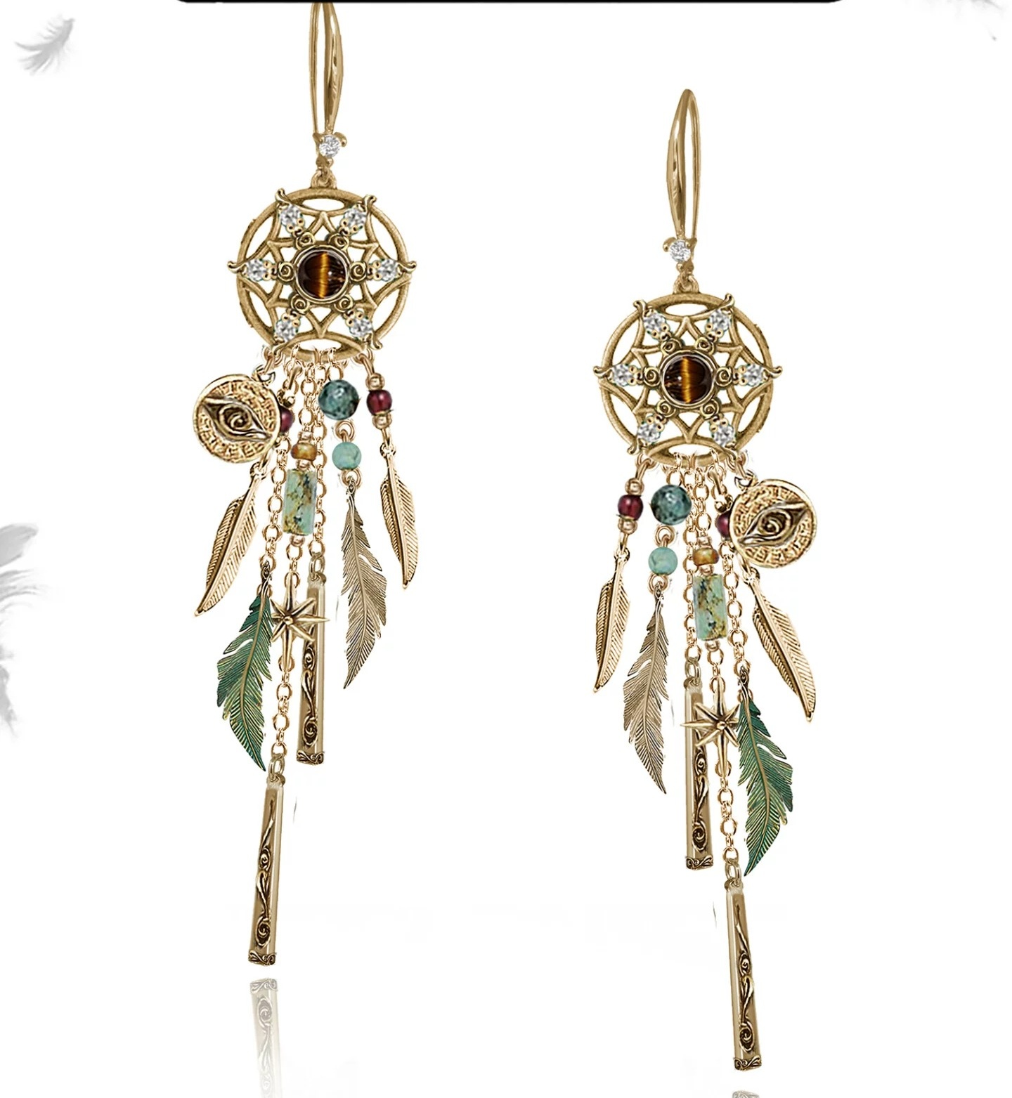 Vintage Dream Catcher Green Feather Drop Earrings | Natural Stone Bohemian Ethnic Statement Earrings