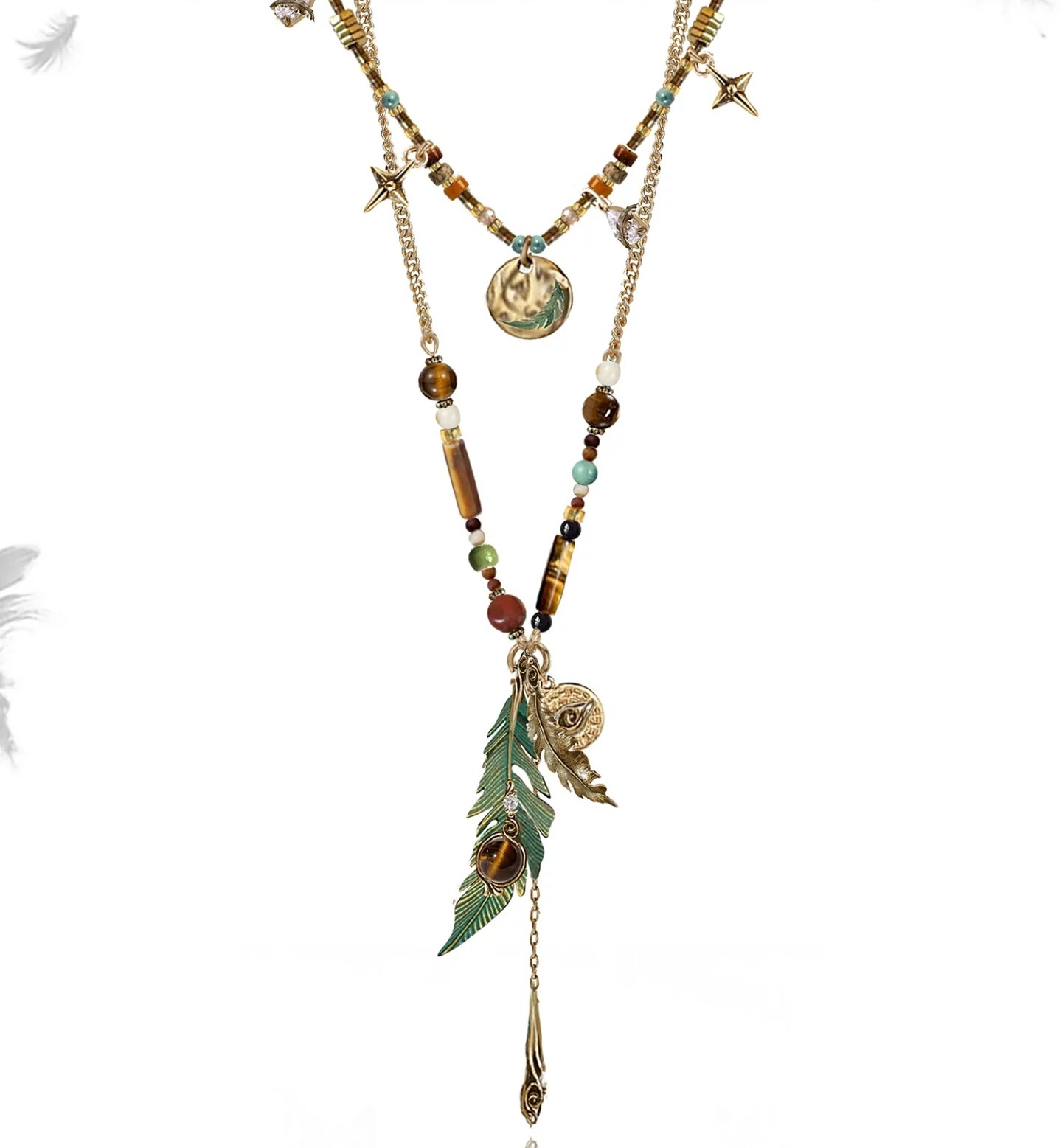 Bohemian Multi-Layer Beaded Collarbone Necklace | Vintage Gold Ethnic Green Feather Pendant Necklace