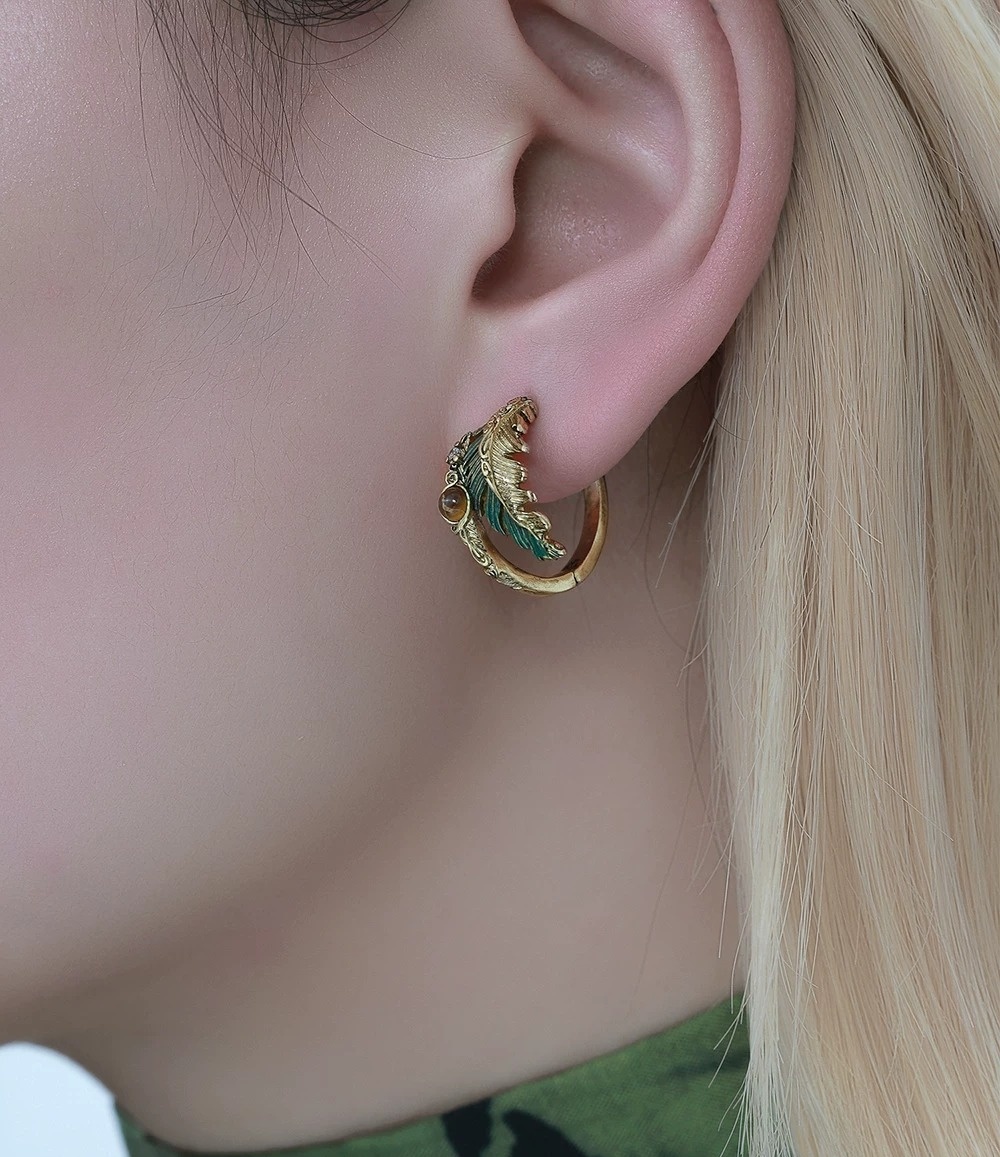 Sweet Cool Green Peacock Feather Hoop Earrings | Original Vintage Gold Mini Statement Ear Cuffs