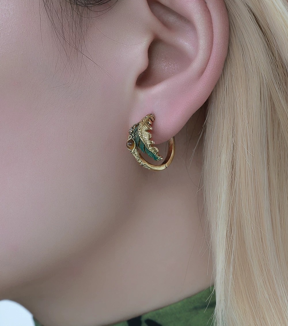 Sweet Cool Green Peacock Feather Hoop Earrings | Original Vintage Gold Mini Statement Ear Cuffs