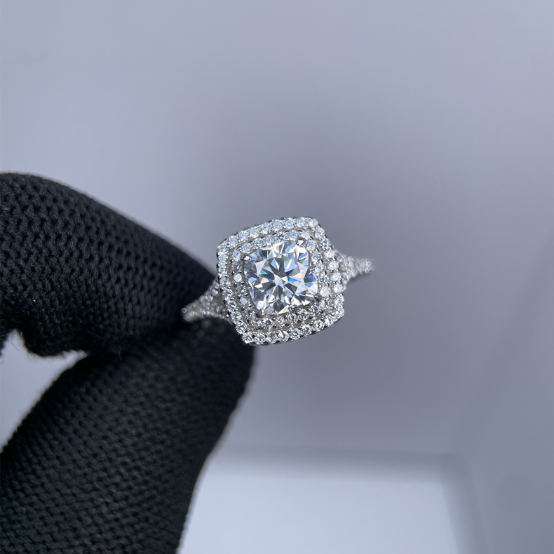 Moissanite Halo Engagement Ring, S925 Sterling Silver Square Double Halo Wedding Ring