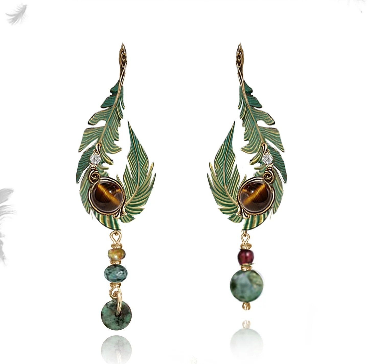 Original Artistic Bohemian Green Feather Leaf Earrings | Vintage Gold Tiger's Eye Natural Stone Drop Earrings