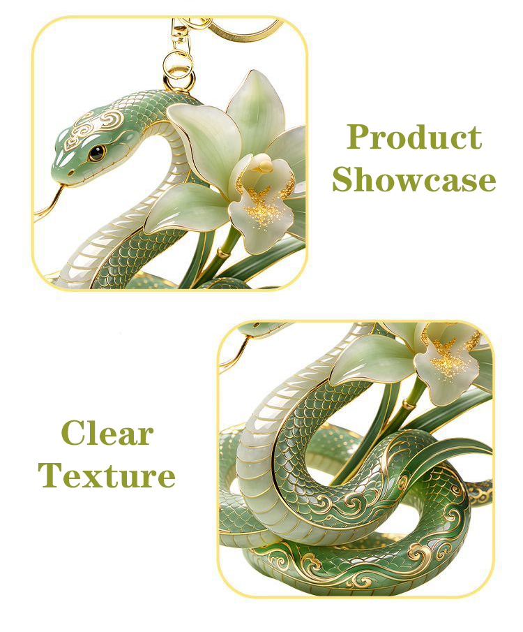 Green Jade Snake & Orchid Metal Keychain, Vintage Chinese Style Bag Charm, Spiritual Serpent Pendant Gift for Her