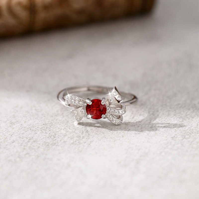 Natural Gemstone Bow Ring, S925 Sterling Silver Adjustable Open Ring