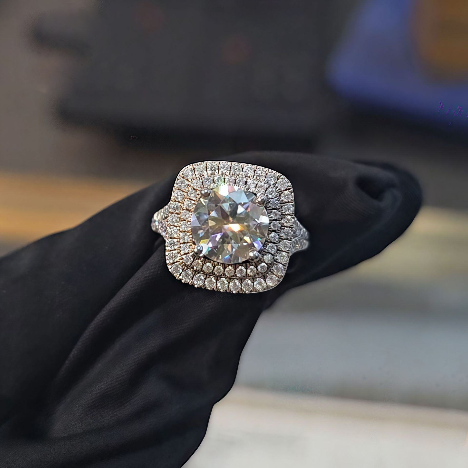 Moissanite Halo Engagement Ring, S925 Sterling Silver Square Double Halo Wedding Ring