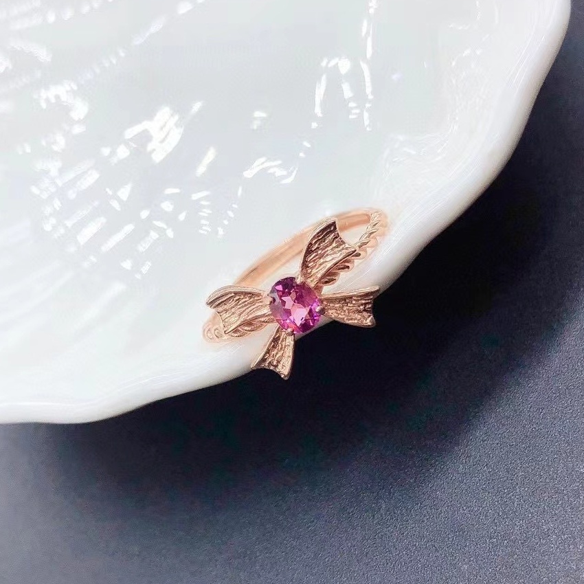 Natural Garnet & Green Diopside Bow Knot Ring, S925 Sterling Silver Gold Plated Adjustable Ring