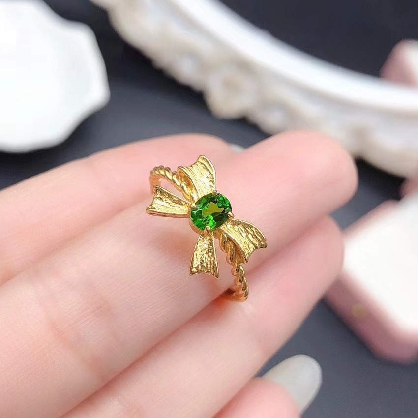 Natural Garnet & Green Diopside Bow Knot Ring, S925 Sterling Silver Gold Plated Adjustable Ring