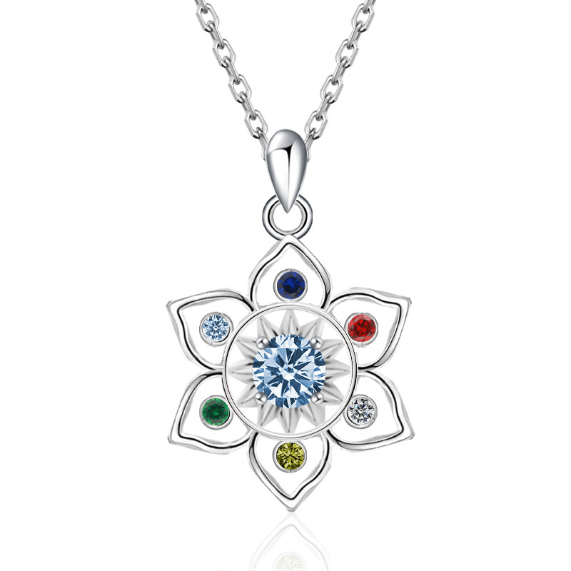 S925 Sterling Silver Chakra Lotus Birthstone Necklace