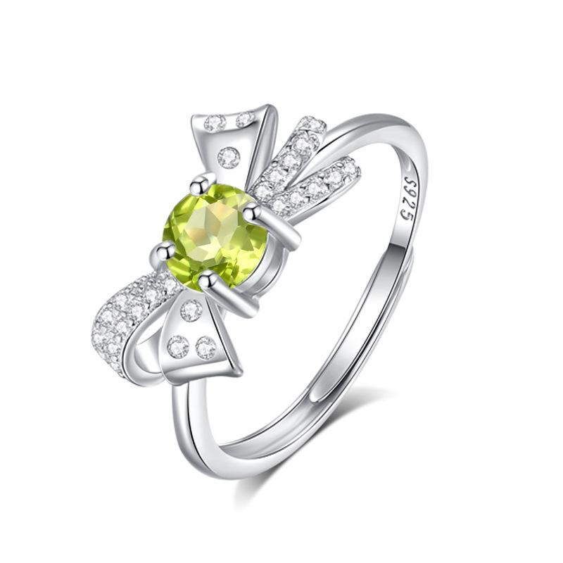 Natural Gemstone Bow Ring, S925 Sterling Silver Adjustable Open Ring