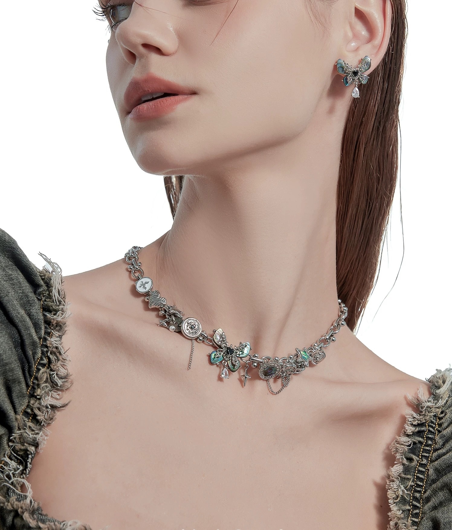 Abalone Shell Butterfly Multi-Charm Choker Necklace | Vintage Silver Light Luxury Designer Collar Necklace