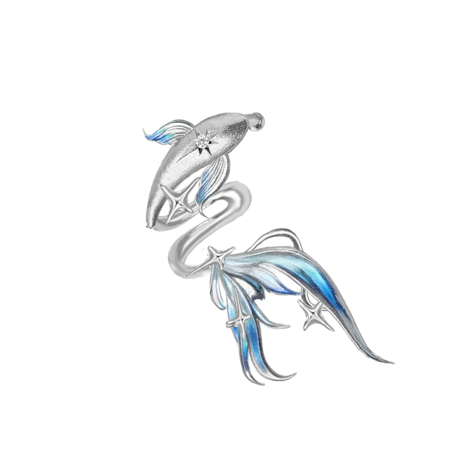 Deep Sea Legend Gradient Enamel Fish Tail Ear Cuff | No-Piercing Fairy Ocean Silver Cartilage Earring