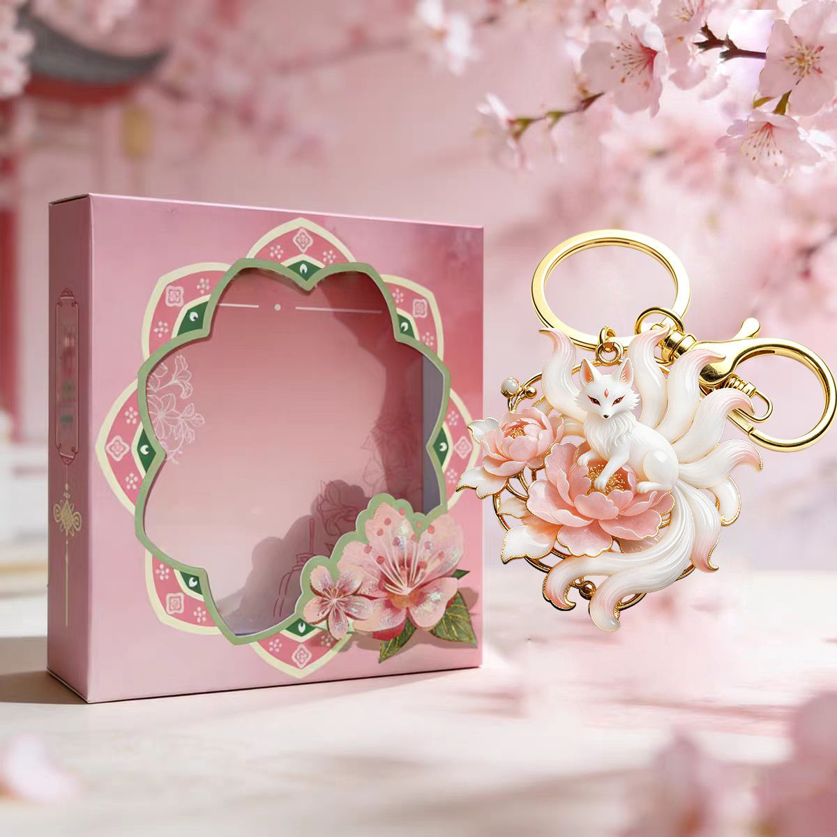 Nine Tailed Fox & Peony Spiritual Charm Keychain | Love Attraction & Good Fortune Bag Adornment