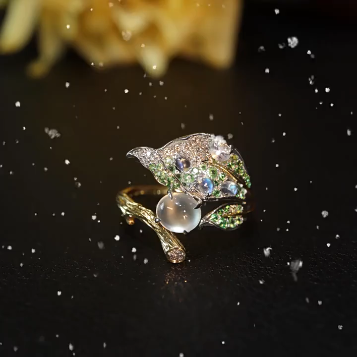 Two-Tone Gold Perched Bird Moonstone Open Ring | Forest Style Colorful Gemstone Leaf Statement Ring