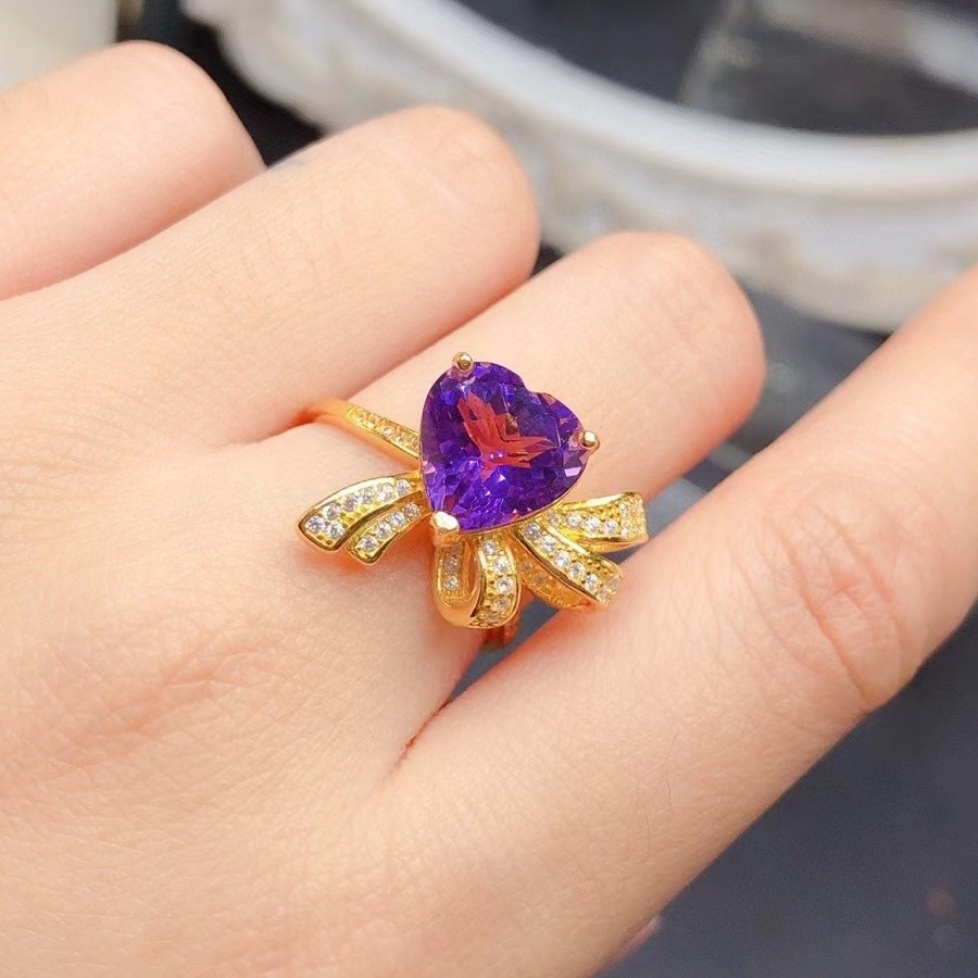 Heart Natural Amethyst Ring, S925 Sterling Silver Gold Plated Adjustable Open Ring