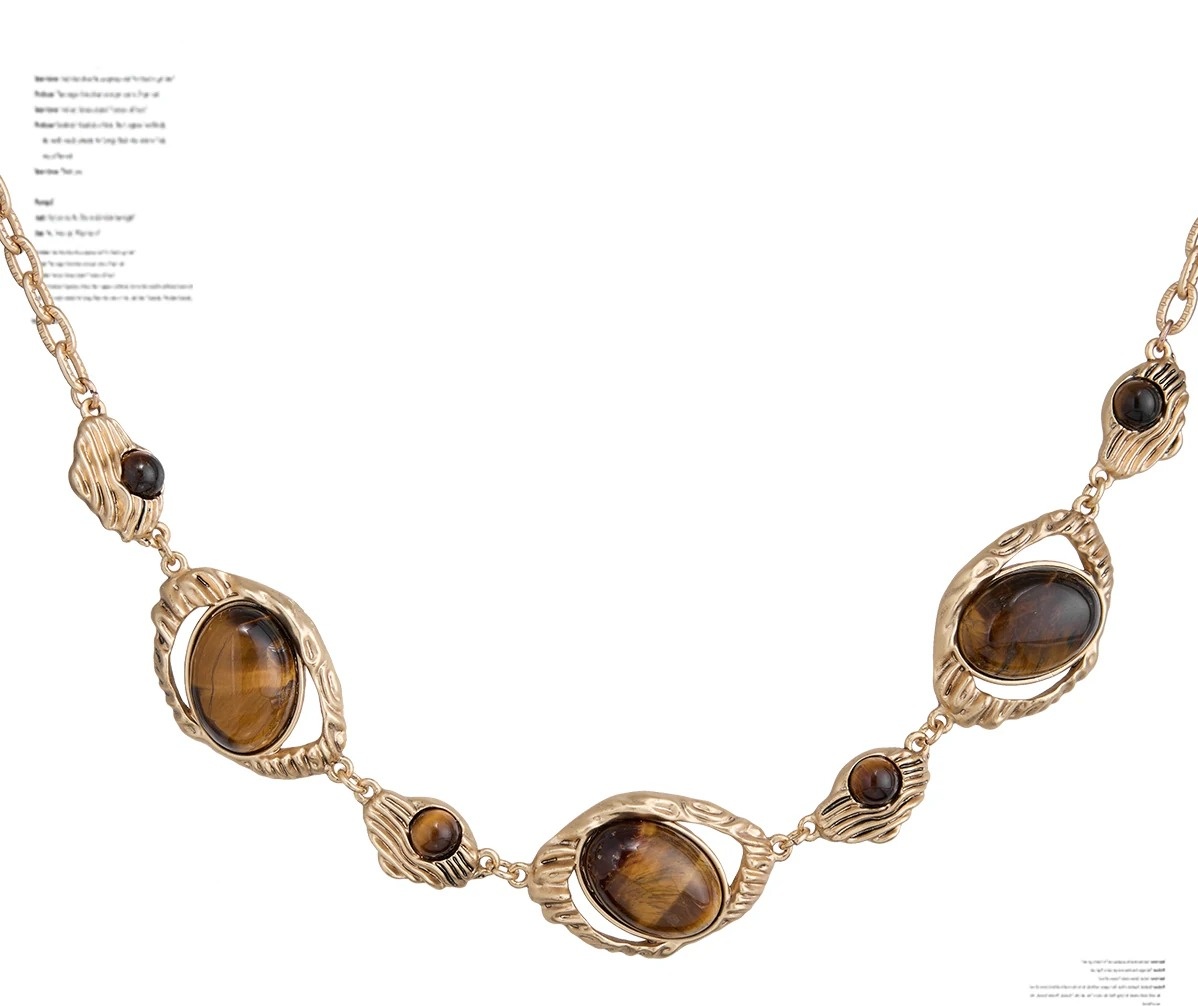 Vintage Earthy Tiger's Eye Statement Necklace | Retro Button-Lock Chunky Collar Necklace, Alloy Gold/Silver Plated