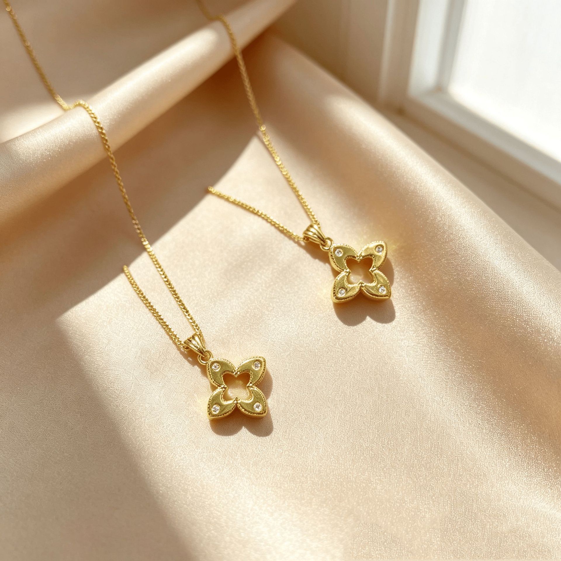 18K Solid Gold Four Leaf Flower Pendant Necklace, Sparkling Moissanite Clover Necklace, Elegant Lucky Amulet Jewelry for