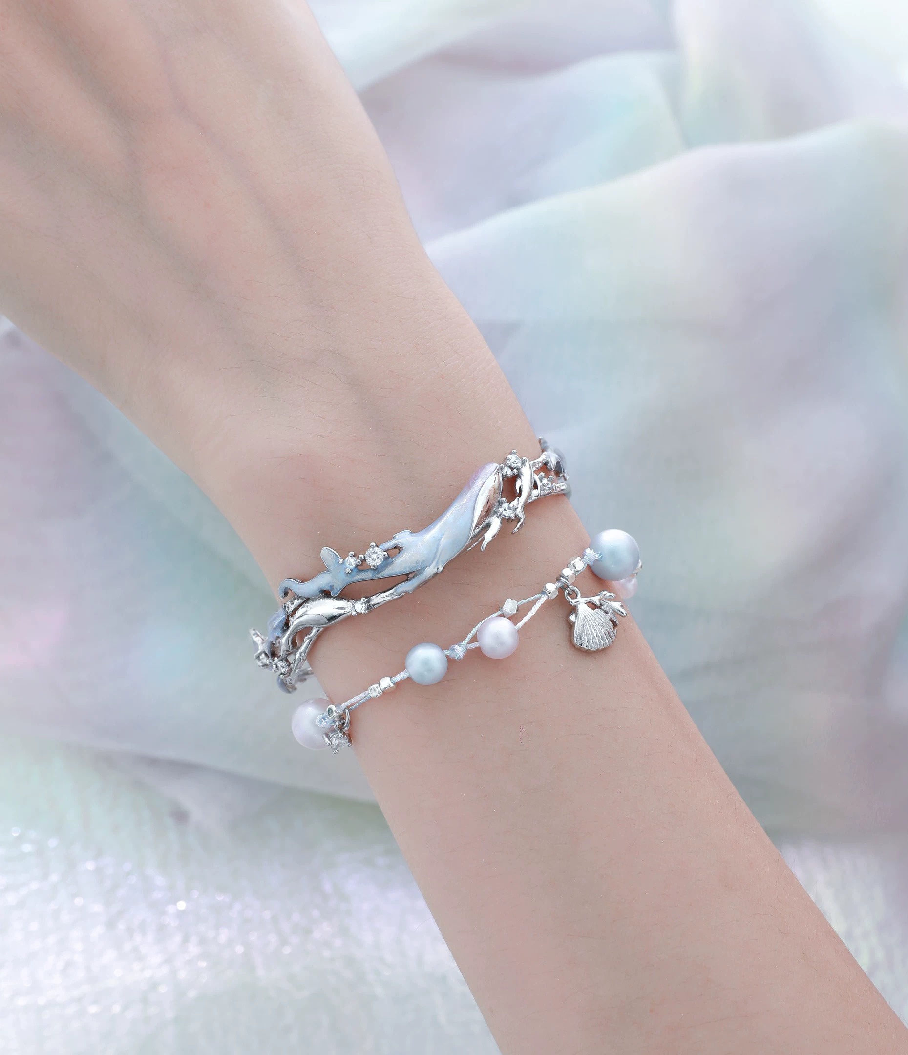 Atlantean Whale 3D Relief Cuff Bracelet | Original Niche Sweet Cool Premium Bangle & Pearl Bracelet Set