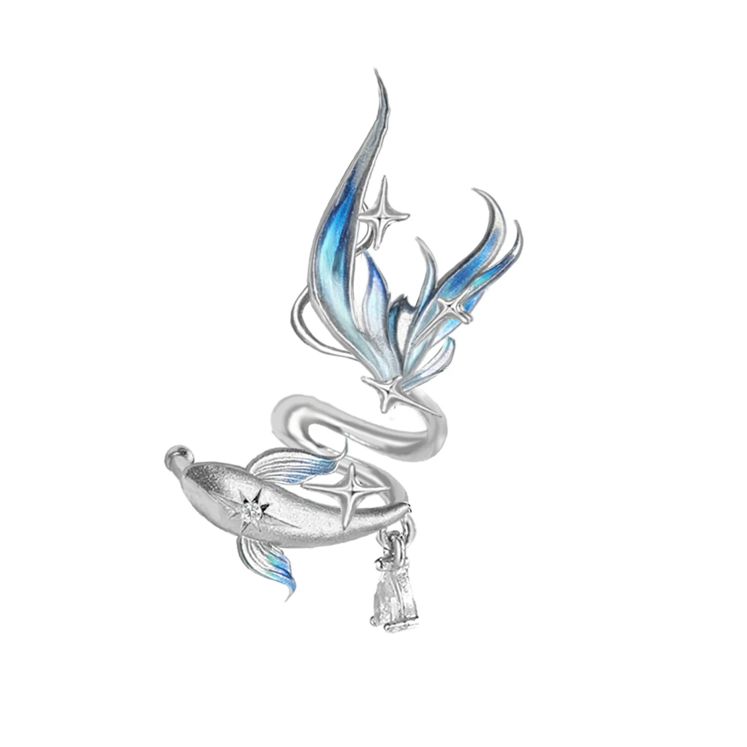 Deep Sea Legend Gradient Enamel Fish Tail Ear Cuff | No-Piercing Fairy Ocean Silver Cartilage Earring