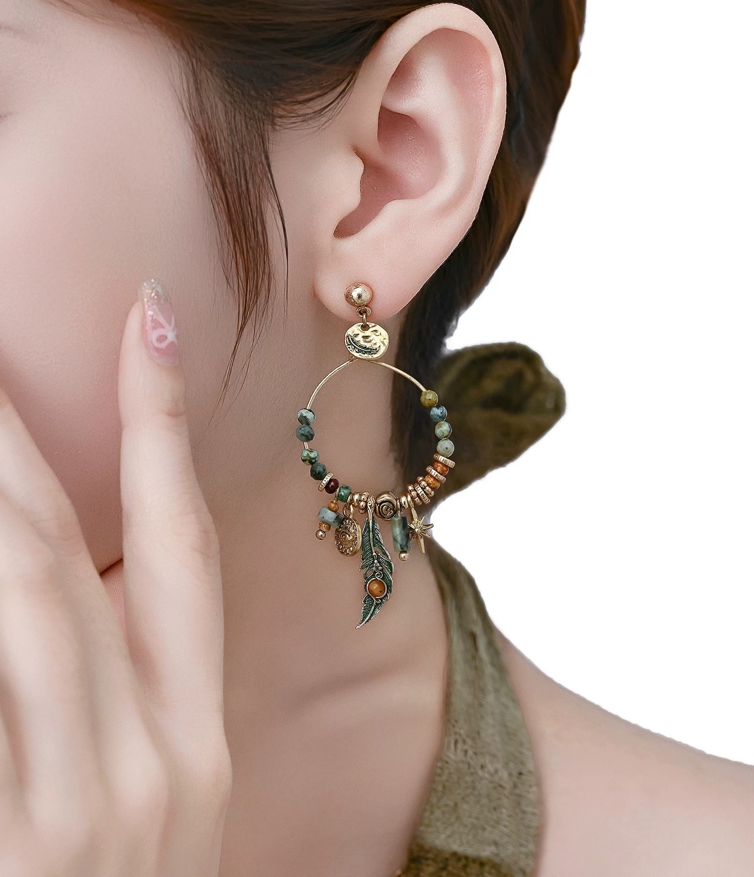 Ethnic Tribal Green Feather Beaded Hoop Earrings | Vintage Gold Boho Statement Drop Earrings